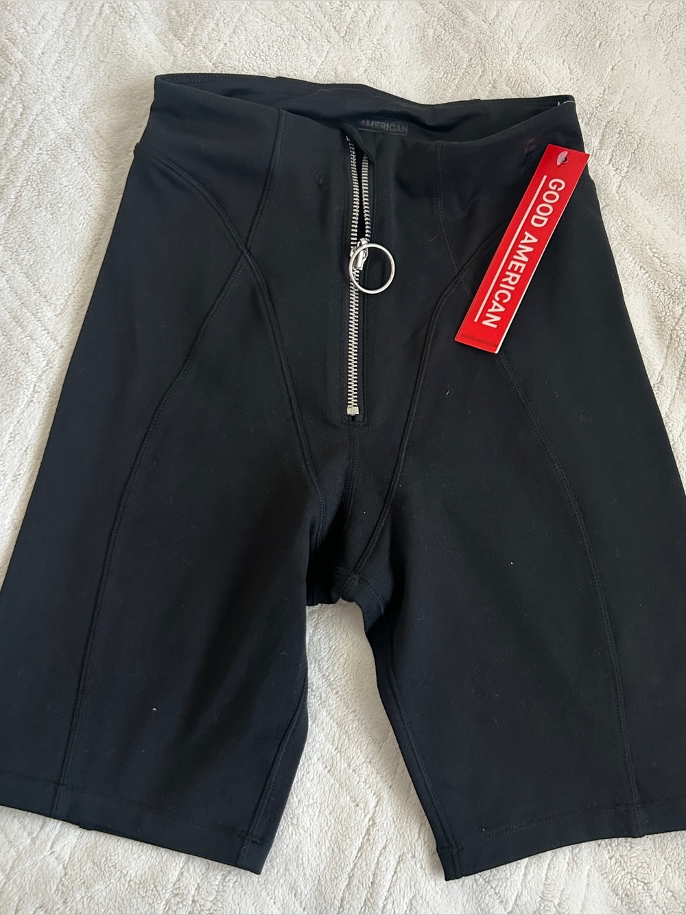 Good American Black Front-Zip High Waist Bike Shorts